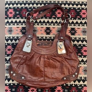 B. Makowsky Brown and Silver Leather Shoulder Bag with Slouchy Hobo Design